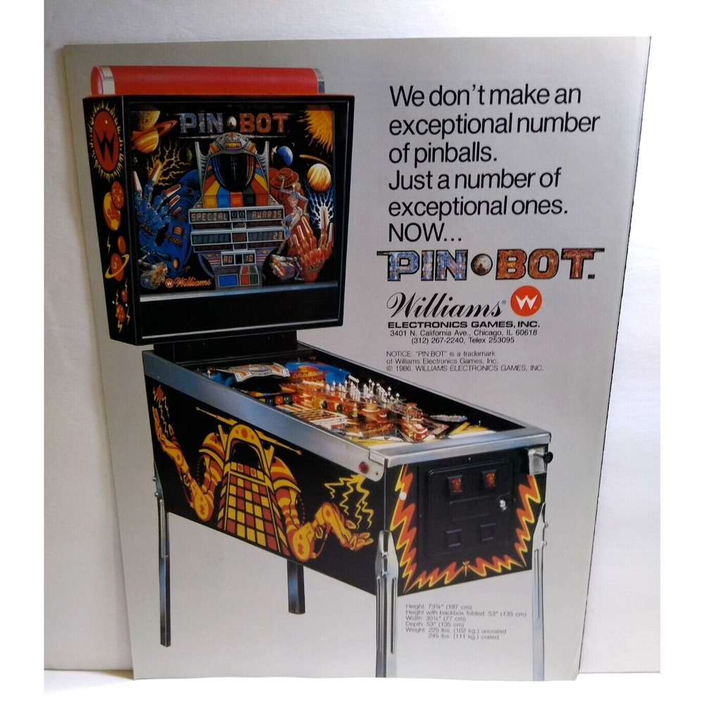 Pinbot Pinball Machine Flyer Original Vintage Game Art 1986 Brochure Foldout Art